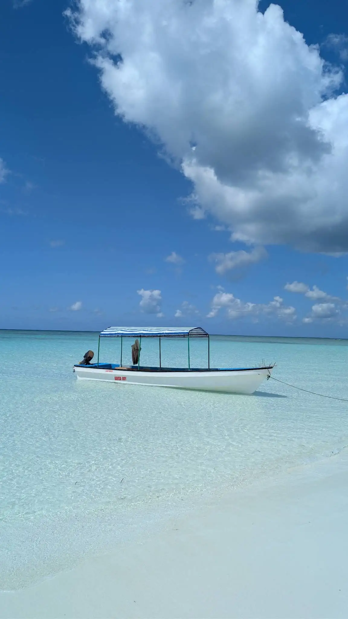 A small white tour boat with a blue canopy moored in shallow turquoise water at the edge of a white sandbank.