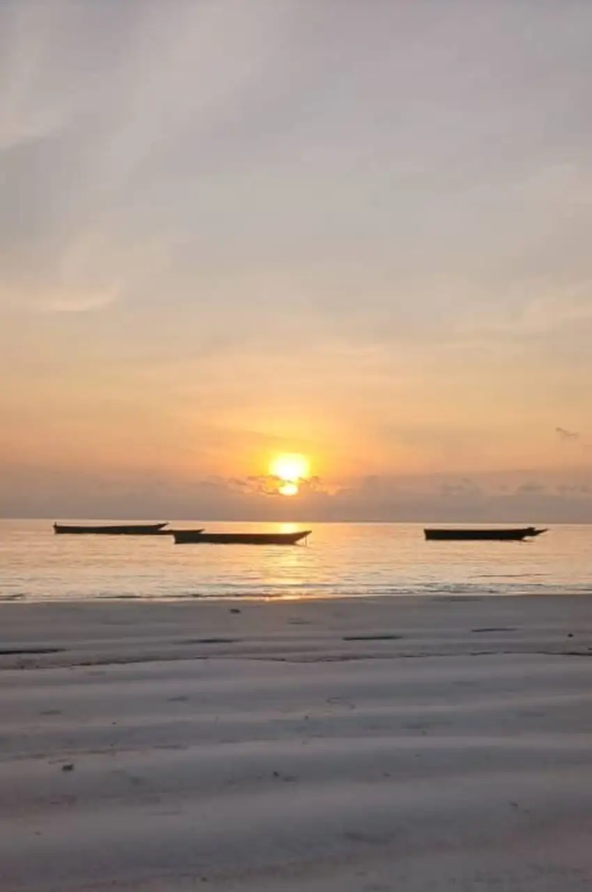 Three wooden boats lying still on flat water as the sun sets behind them, seen from the beach.
